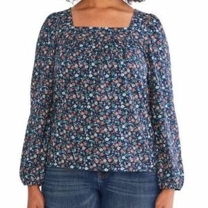 Lucky Brand Long Sleeve Top, Square Neck, Navy/RedWhite Floral Pattern, XXL